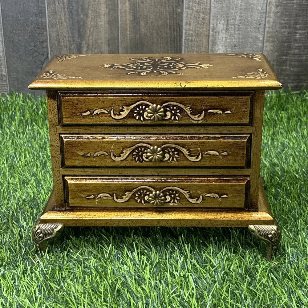 Vintage Florentine Music Jewelry Box Made in Japan Gold Gilt Wood 3 Drawer